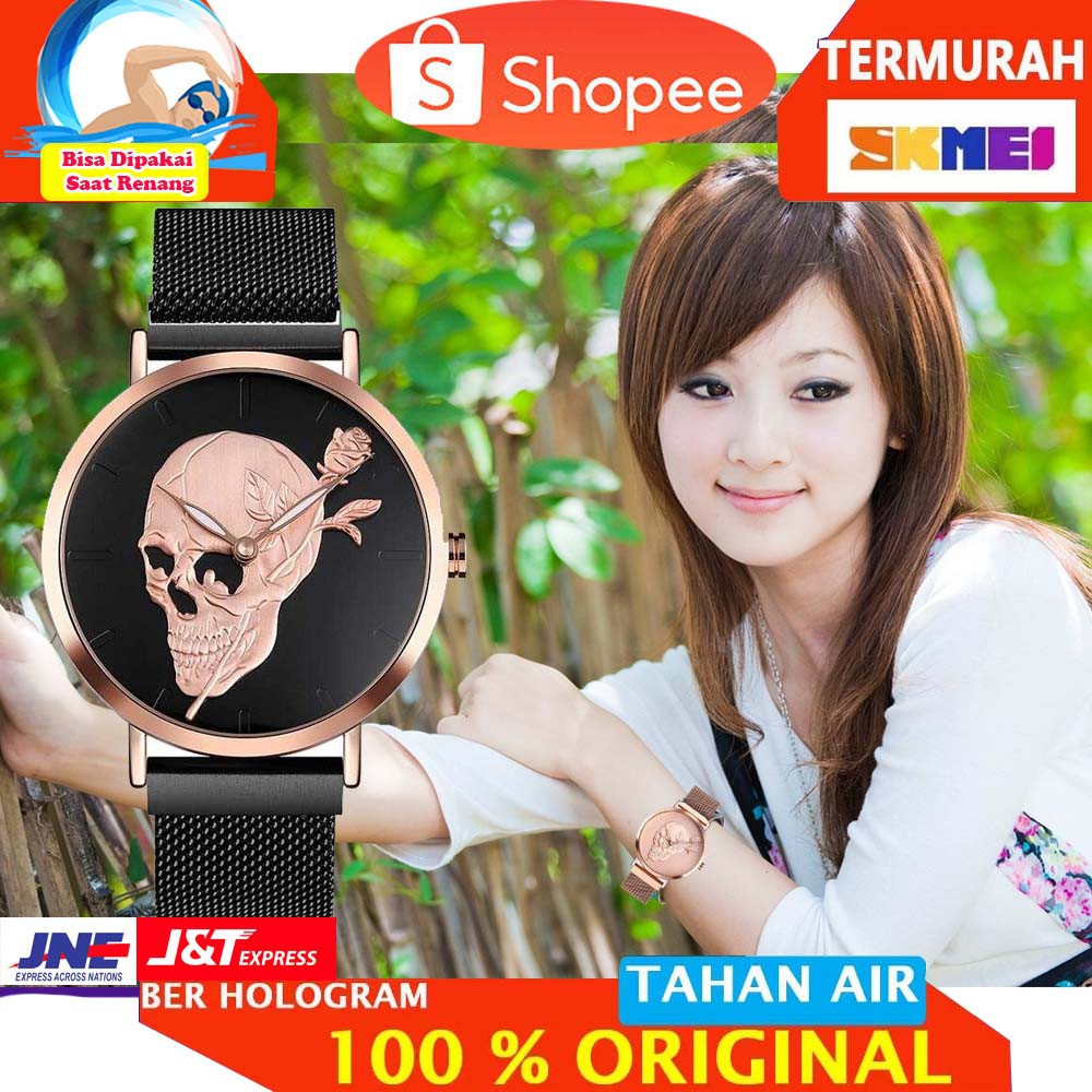 SKMEI Jam Tangan Analog Pria Wanita Motif Tengkorak Magnet Band - 9173 [Hitam Rose]