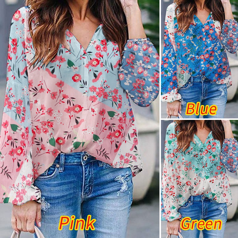 ZANZEA Women V-Neck Casual Long Sleeve Blouse Floral Print Shirt