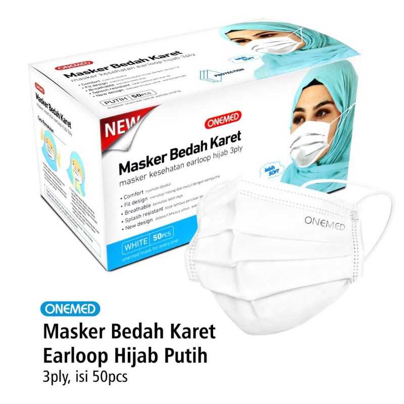 50PCS MASKER HIJAB HEADLOOP WARNA PUTIH ONEMED 3PLY