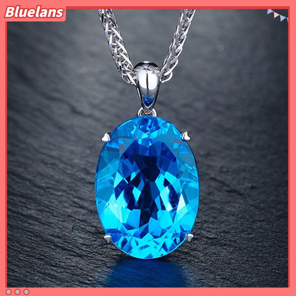 Kalung Rantai Liontin Berlian Imitasi Biru Besar Gaya Simple Elegan Untuk Wanita