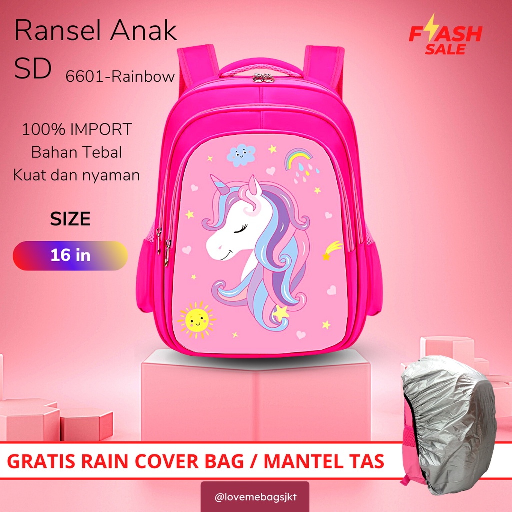 LMB Tas Anak Sekolah Perempuan SD Import Gambar Karakter Unicorn Ukuran Besar Timbul 6D Tebal dan Kuat Viral Bahan Nilon Premium