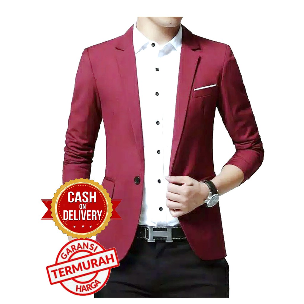 Jas pria Maroon blazer merah maroon