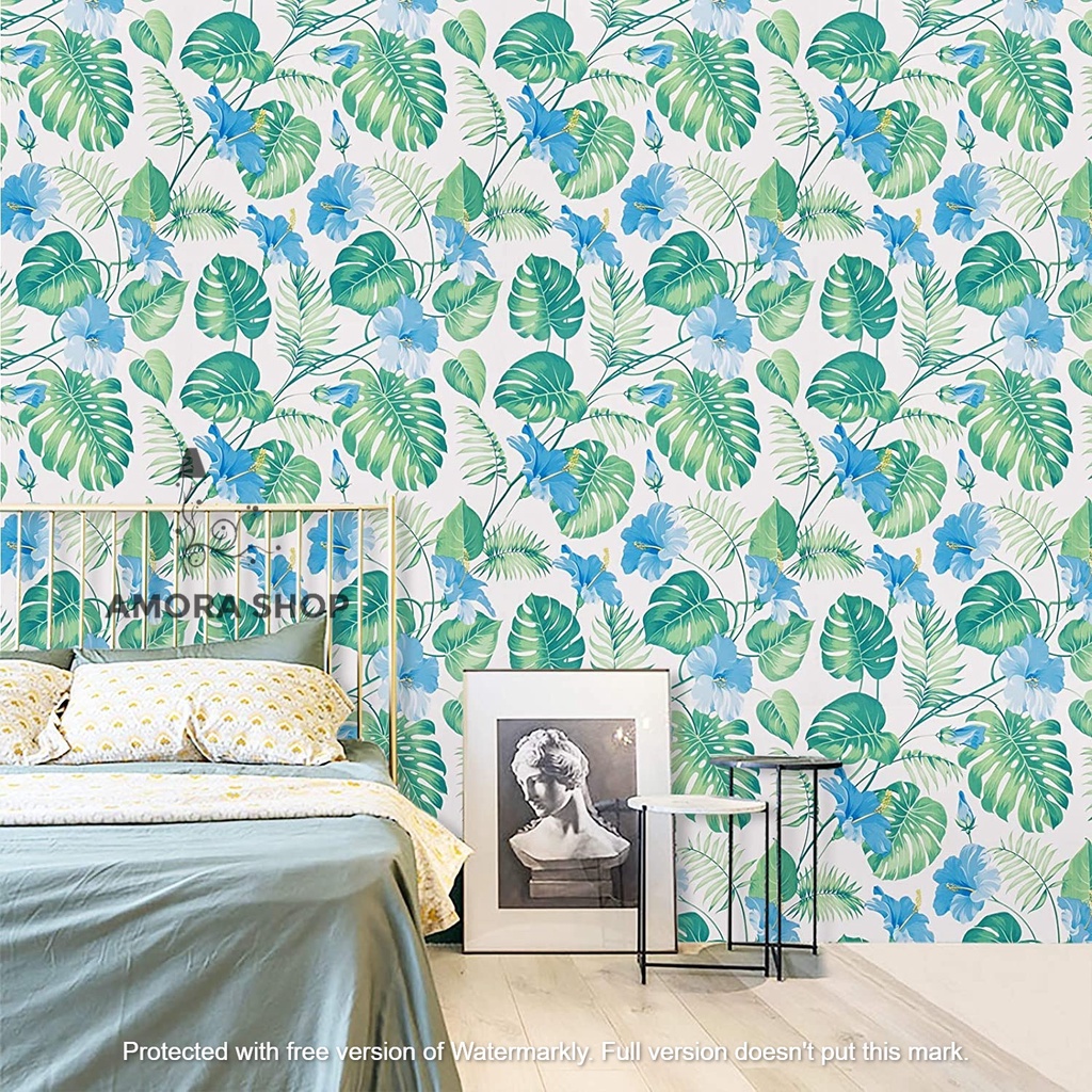 Wallpaper Stiker Dinding Monstera Biru Daun Hijau 9m s/d 10m x 45cm