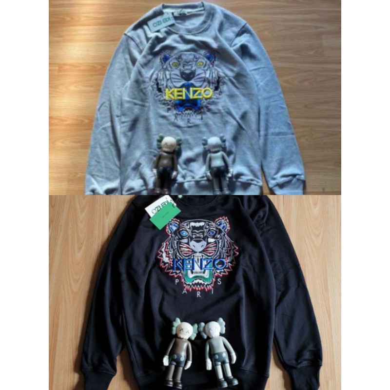 CREWNECK SWEATER KENZO PARIS TIGER HEAD LOGO BORDIR GREY & BLACK