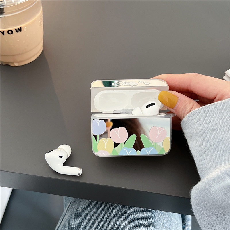 Casing Soft Case Silikon Motif Bunga Tulip Aksen Cermin Untuk Airpods 1 / 2 / 3 Pro / 3 / PRO3