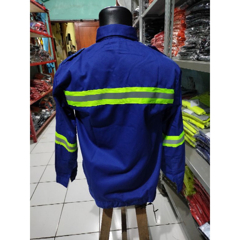 BAJU SERAGAM SAFETY BIRU BENHUR BCA KANCING SCOTLIGHT 5CM HIJAU FREE LOGO K3 BENDERA