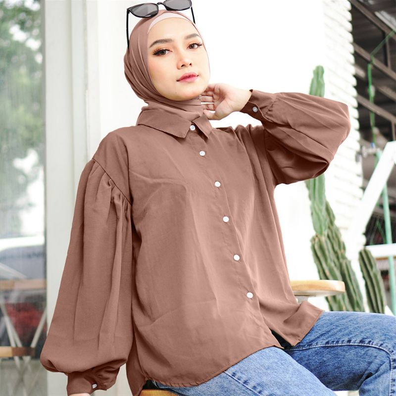 agung_store14 || BLOUSE POLOS LENGAN BALON/KEMEJA BALON BLOUSE BUBLE BAHAN WOLFIS/Kmeja Kerja Wanita Motif Polos/Audrei Audri