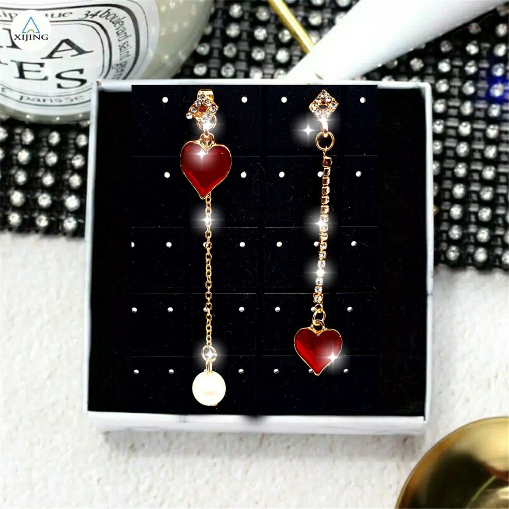 Anting Tusuk Panjang Shiny Diamond and Red Gemstone Love Pearl Earrings