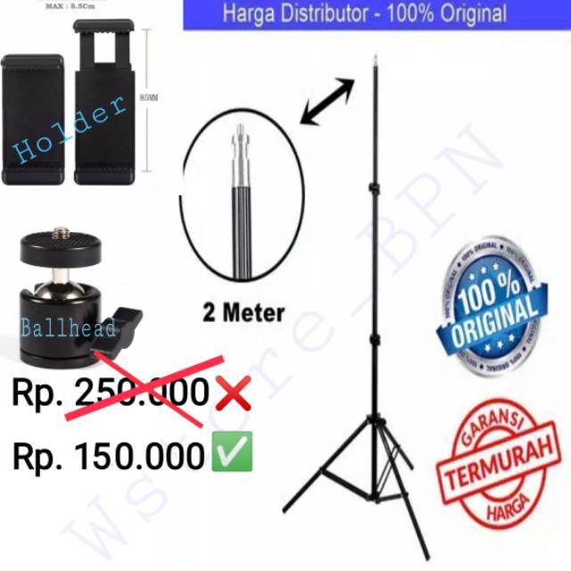 Tripod Stand 2 meter + ballhead + Holder kokoh besi