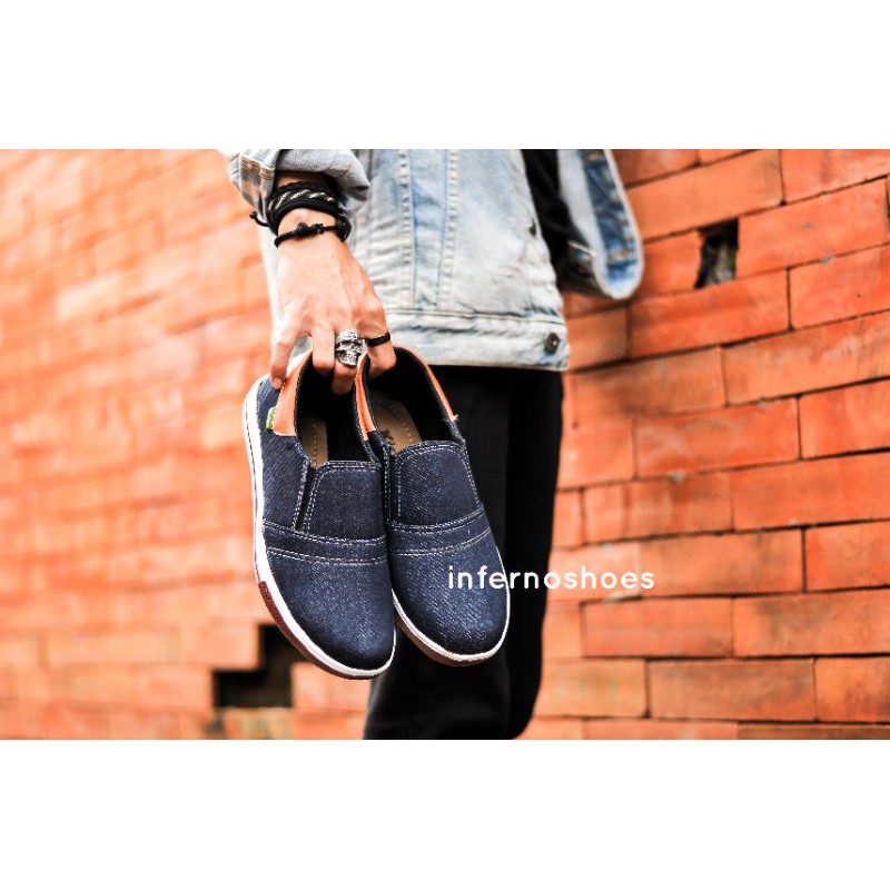 Sepatu casual pria slip on slop santay denim formal kerja kantor