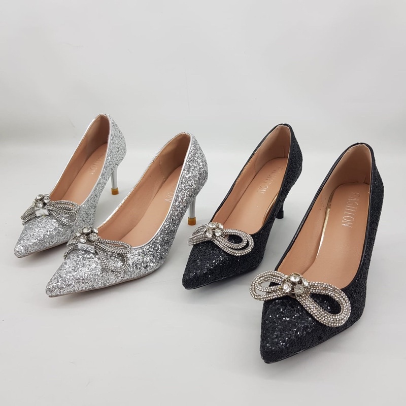 Stiletto Pump heels glitter 7cm import ribbon style high quality fashion shoes sepatu wanita hak tin