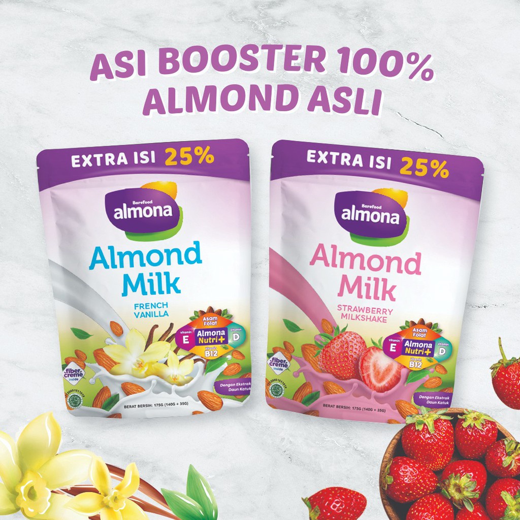 Barefood Almona Almond Milk Pelancar ASI Booster Strawberry Milkshake Pouch 175g