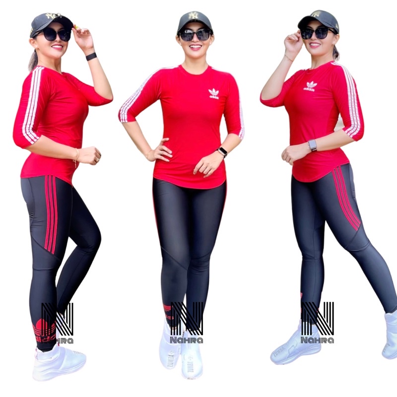 Setelan Senam Baju Olahraga Merah lis Putih 3Lis Adids / Baju Senam Setelan Olahraga Aerobik Zumba