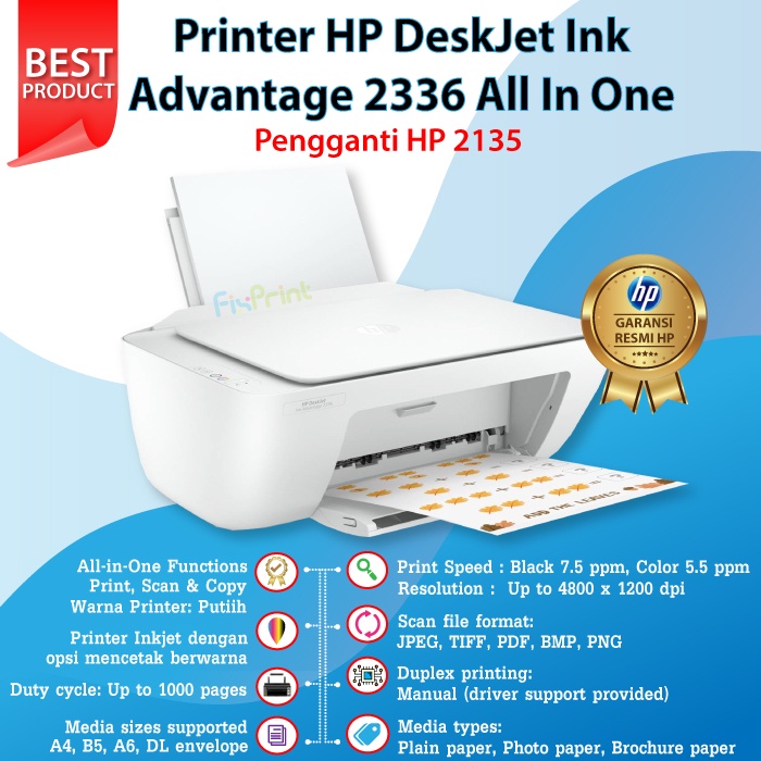 Printer HP Deskjet Ink Advantage 2336 2335 2337 NEW ORI RESMI Print Scan Copy A4 Cetak Max F4 Usb Penerus 2135, Hp 2775 2776 with WiFi Wireless Black Color Photo Print Multifungsi All In One Termurah