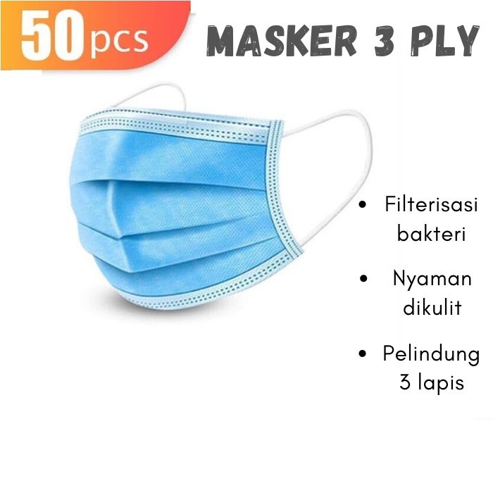 Masker 3Ply Disposble Earloop  1 Box Isi 50Pcs / Masker Polos Warna Hijab Masker Medis