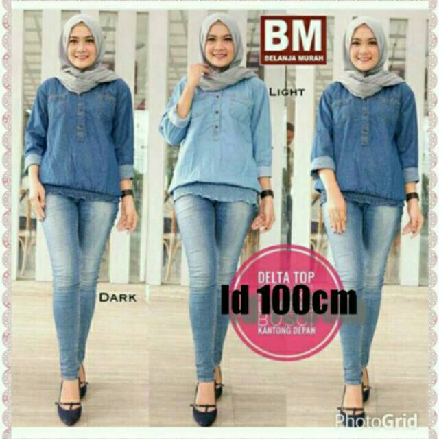 BAJU ATASAN WANITA BAJU KERUT/BAJU JEANS /BLOUSE JEANS BAJU POLOS LENGAN PANJANG BAJU KERJA