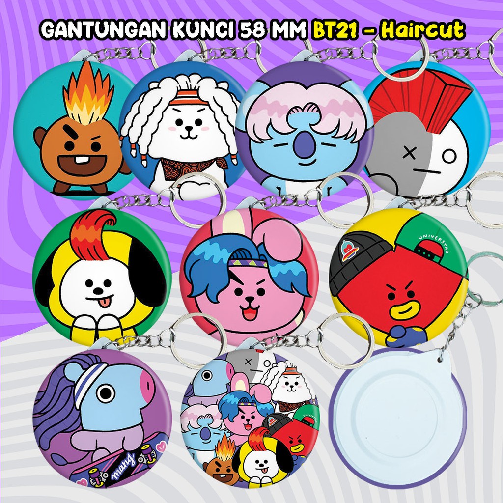 Gantungan Kunci BT21 versi Haircut -Merchandise KPOP BTS Souvenir Ganci 58 mm Chimmy Cooky Koya Tata
