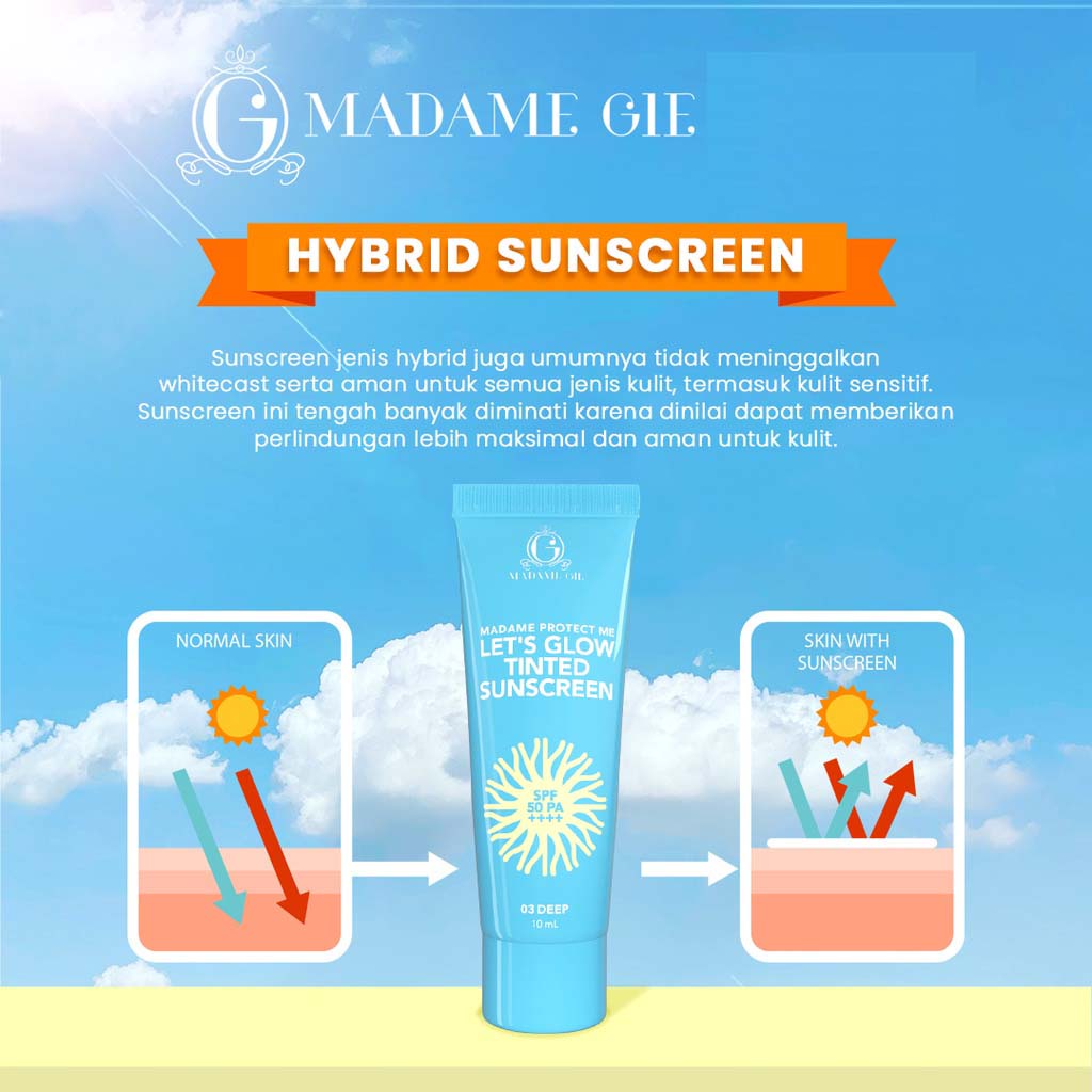 [GARANSI NO WHITECAST] [BPOM] MADAME GIE Protect Me SPF30 PA+++ | SPF50 PA++++ w Aloe Vera 60mL | Protect Me Let's Glow Tinted SPF 50 PA ++++ 10ml | Sunscreen sunblock tabir surya sun block