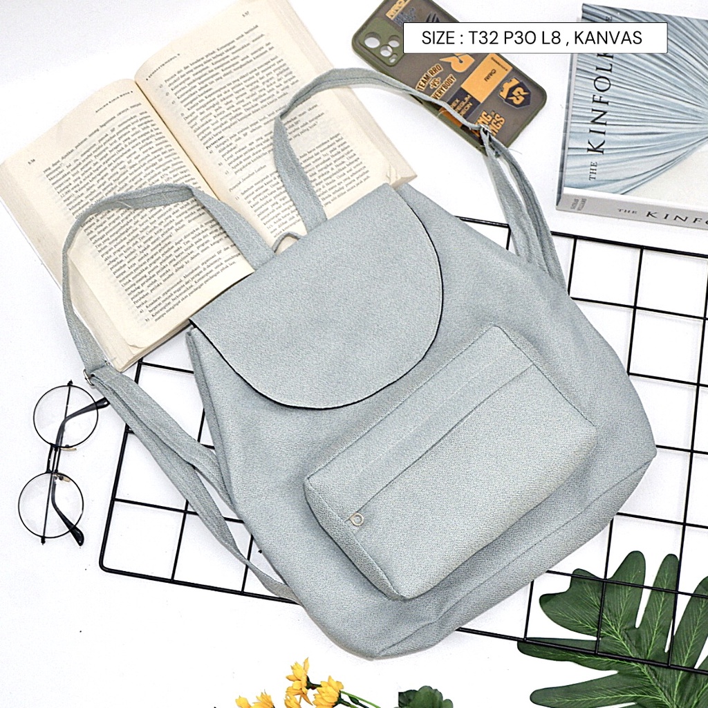 Bayar di Tempat COD Tas Ransel Serut Bahan Kanvas KANTONG Depan Ukuran Medium tas punggung wanita-Warna 639
