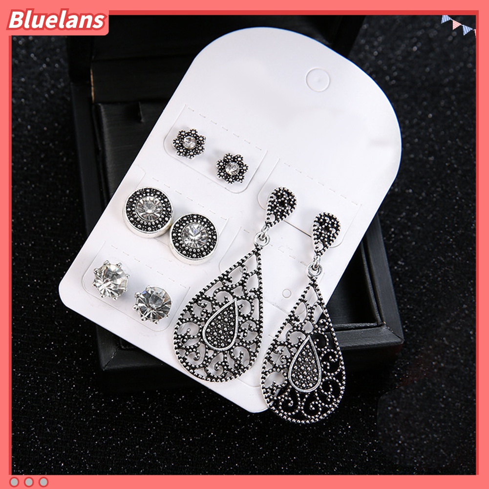 Set Perhiasan Anting Stud Liontin Bentuk Tetesan Air Rongga Warna Silver Gaya Boho Antik Retro