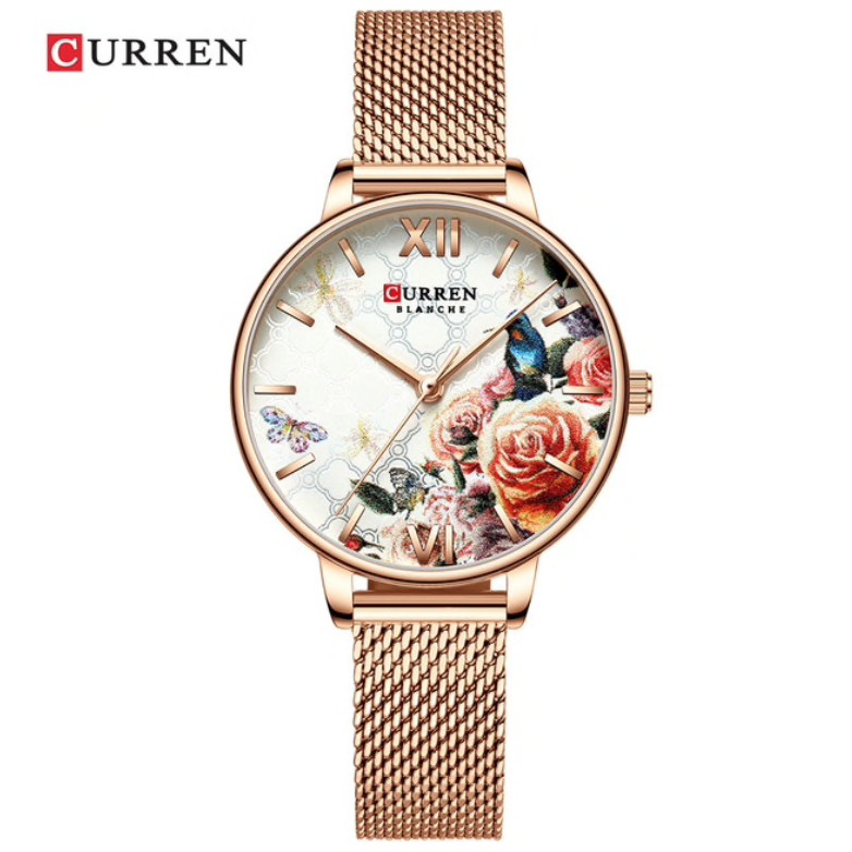 Jam Tangan Wanita Curren Flower Dial 9060L Tali Kulit &amp; Tali Pasir Original