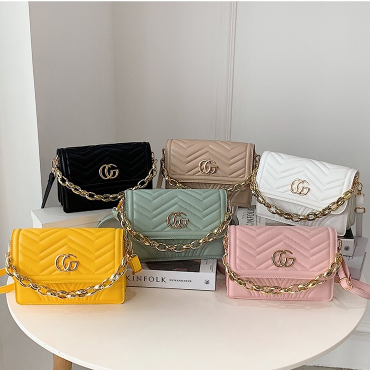 BJ210120 - BLACK/GREEN/KHAKI/PINK/WHITE/YELLOW - TAS SLEMPANG MODEL CHAIN RANTAI BESI ELEGAN STYLISH IMPORT TERMURAH TERBARU TERLARIS BAGSTORE JAKARTA FASHION WANITA CR7515 JT10120