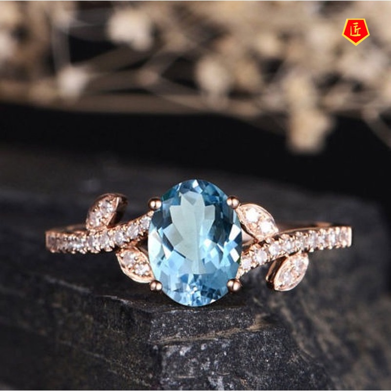 [Ready Stock]Fashion Simple Rose Gold Flower Natural Blue Topaz Ring