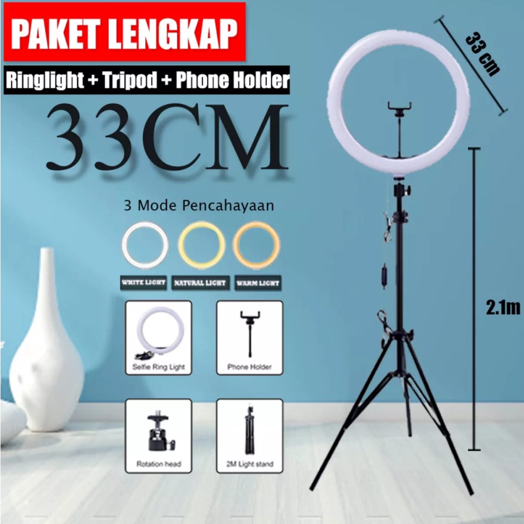 Lengkap Ring Light 33 CM  + Tripod 2,1 Meter / Paket 26 CM + Tripod 1.3 Meter Meja Lampu Cincin Make up Foto Studio Tiktok YouTube Ring Light + Tripod 33 CM 33 CM Ring Light Besar