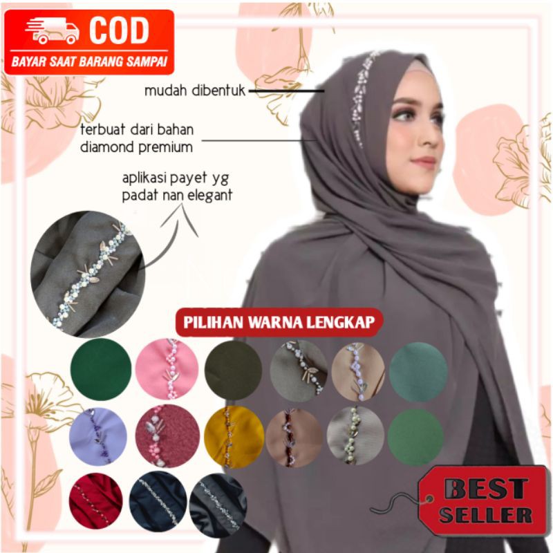 Pashmina Payet Mutiara l Pashmina Bando Mutiara l Pashmina Diamond Crep Payet l Pashmina Payet