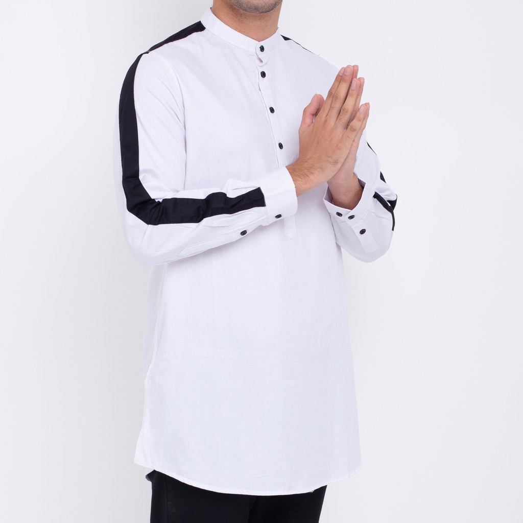 Kemeja Koko Lengan Panjang Putih List Hitam Dan Kombinasi Kerah Sanghai Slimfit Murah Grosir Katun