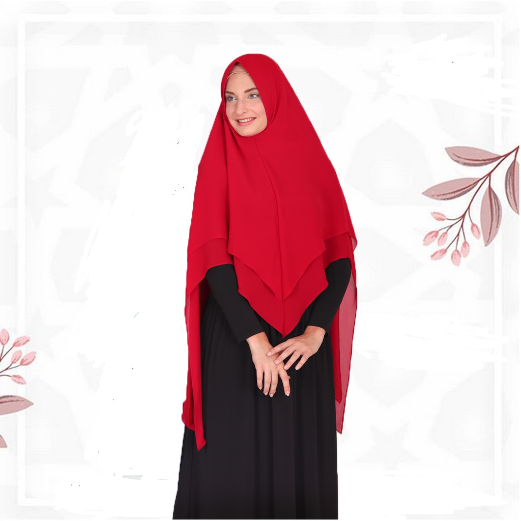 Hijrah Jilbab Khimar Syari Berkualitas Premium Ceruty Babydoll Merah Tumpuk Polos Termurah Pet Antem