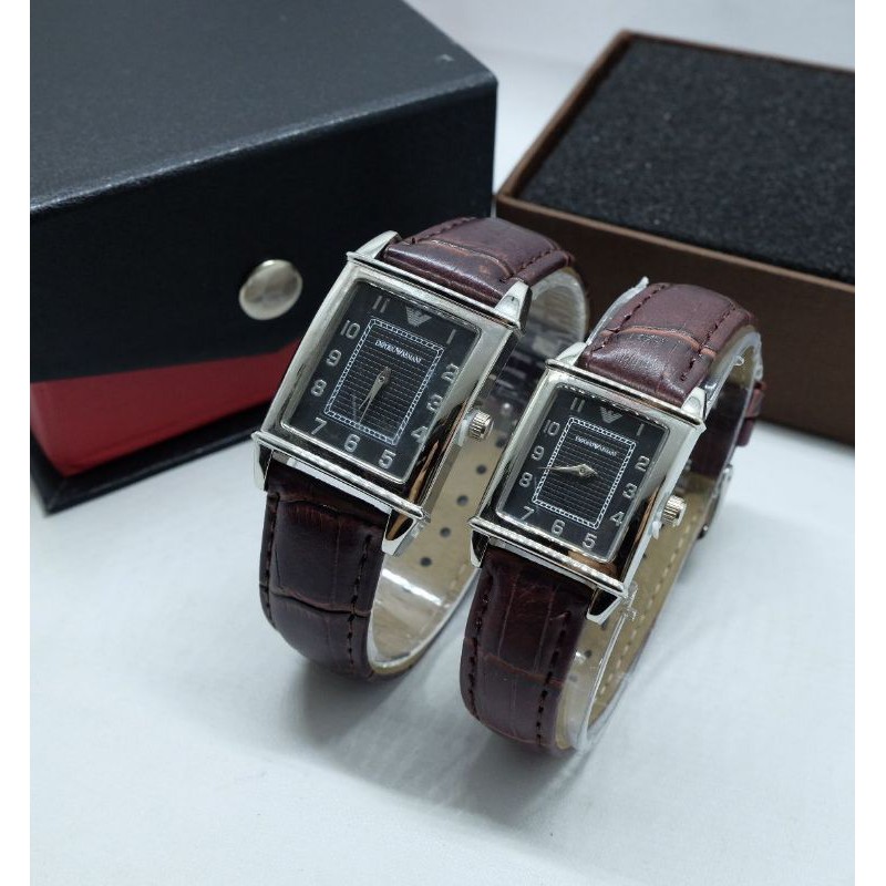 JAM TANGAN COUPLE KAPEL EMPORIO ANALOG TALI KULIT PRIA WANITA PASANGAN SEPASANG