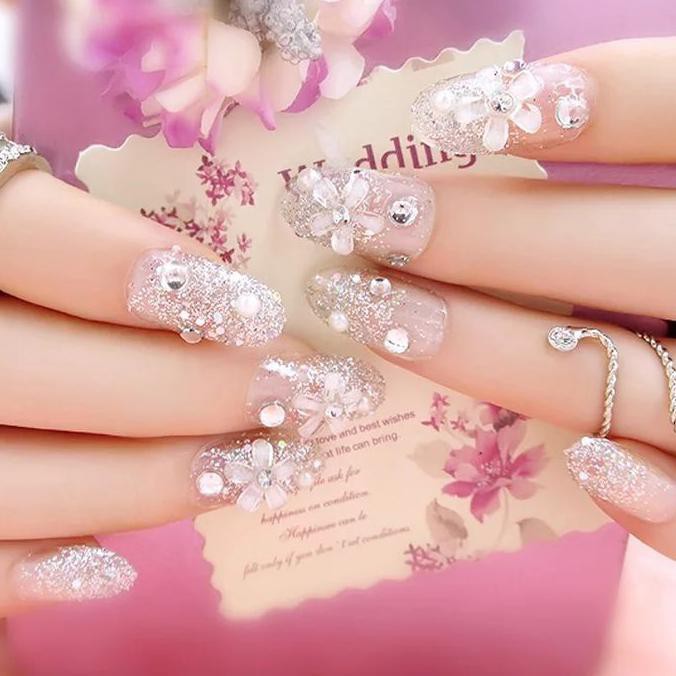 WEDDING FAKE NAIL 3D CLEAR RHINESTONE FLOWER KUKU PALSU BUNGA - MODEL A