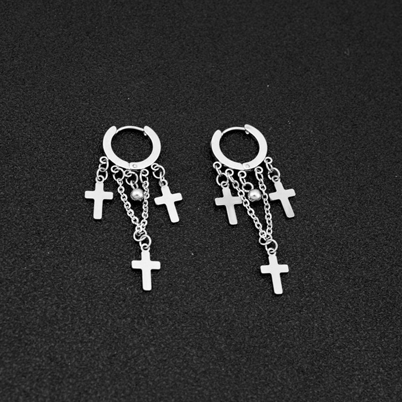 Fancyqube Anting Tindik Palsu Bahan Stainless Steel Bentuk Salib Aksen Rantai Rumbai Untuk Pria Dan Wanita