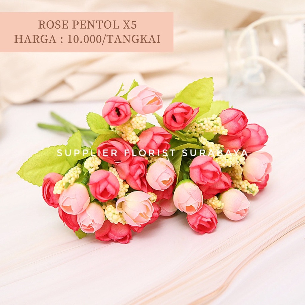 BUNGA ROSE PENTOL 1 TANGKAI BERCABANG 5, 1 CABANG ISI 3 KEPALA, TOTAL 15 KEPALA ARTIFICIAL FLOWER ARTIFISIAL FLOWER BUNGA PALSU PEMANIS BUKET BUNGA