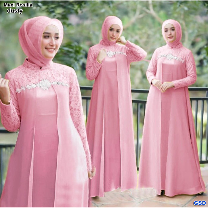 Gamis wanita Maxi rosilia/gamis syari wanita/maxi dress muslim/dress muslim brokat - Merah Muda, L k