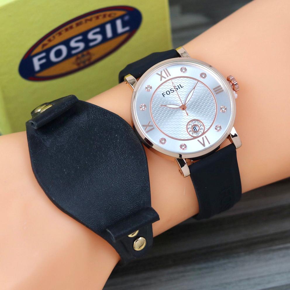 Jam Tangan Wanita Y1903K Tali Rubber Tanggal Aktif Free Box Exclusive Tali Kulit &amp; Baterai