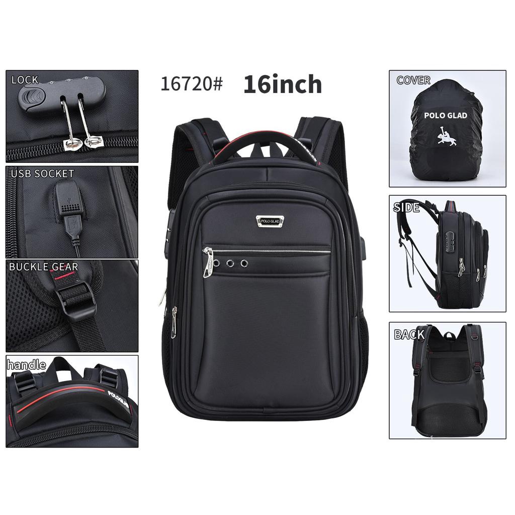 POLO GLAD Tas Ransel Sekolah 16 inc Original Backpack Pria Wanita Key Lock FREE USB Port Tas Laptop Ransel Import-3