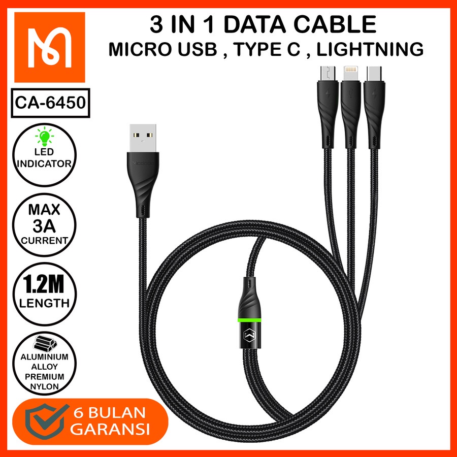 MCDODO CA-6450 Cable 3 IN 1 Led Light Micro + Type C + Lightning 3A -