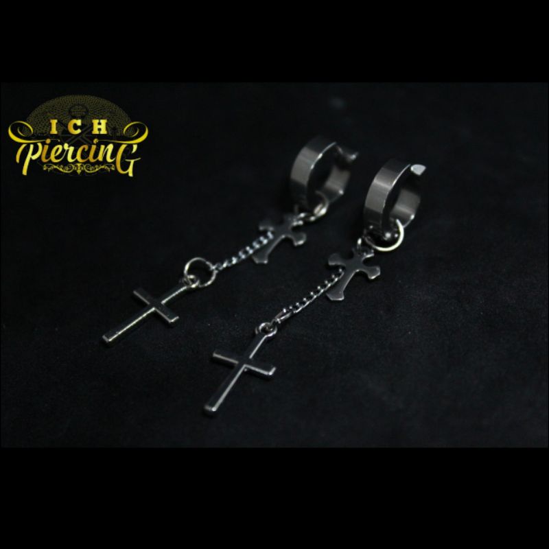 IP-AO anting tindik dan jepit Korea /anting Korea model salib dobel / anting Korea pria dan wanita