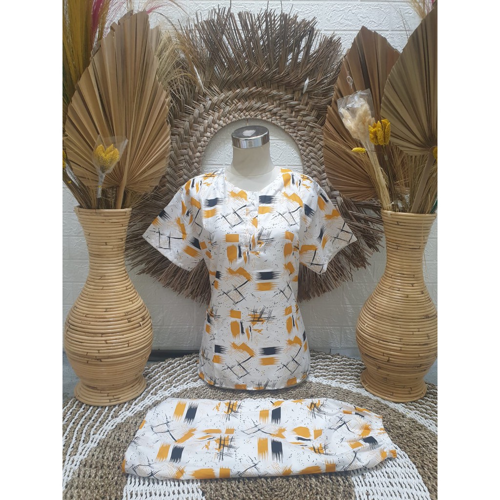 Dtree . Piyama stelan pendek jumbo katun motif abstrak baju tidur kancing depan Ld 120 cm-td abstrak kuning