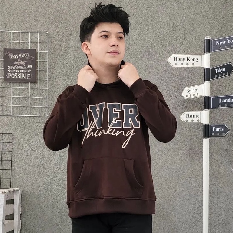 Hoodie Cowok Trendy Over Thinking Bahan Pleece Terbaru