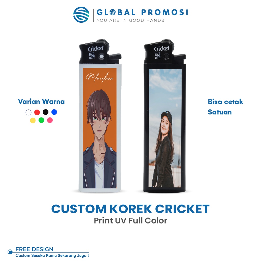 Korek Api Custom Korek Cricket Cetak/Print UV Promosi/Souvenir Full Color Gradasi 1 Sisi