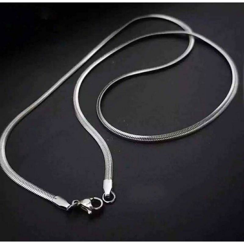 Kalung Titanium Pria Wanita Silver Anti Karat Import Model Gepeng