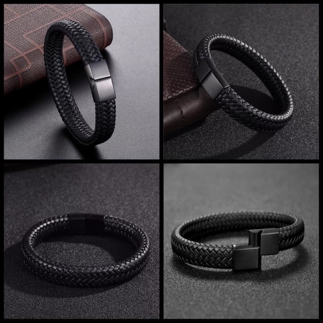 Gelang Kulit Hitam Pria Stainless Steel Leather Bracelet Black Premium