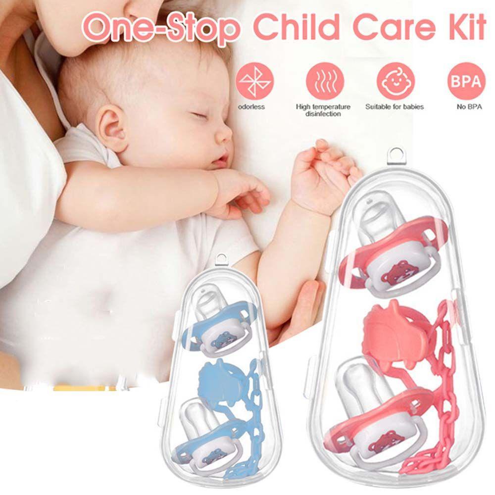 NEEDWAY Kartun Dot Bayi Lucu Lembut Hadiah Bayi Datar Kepala Bulat Silikon Nipple Chains Clips Sleep Soother Set