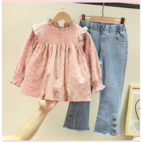 STELAN ANAK/MODEL PINK BUNGA KERUT JEANS FOR KIDS COTTON 100-140