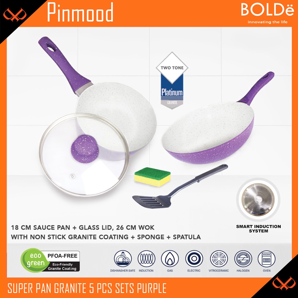 BOLDE PURPLE SUPER PAN GRANITE 5 PCS SET / PANCI WAJAN WOK-PAN FRY-PAN SPONGE SPATULA SENDOK TUTUP KACA / GLASS LID BUTTERFLY