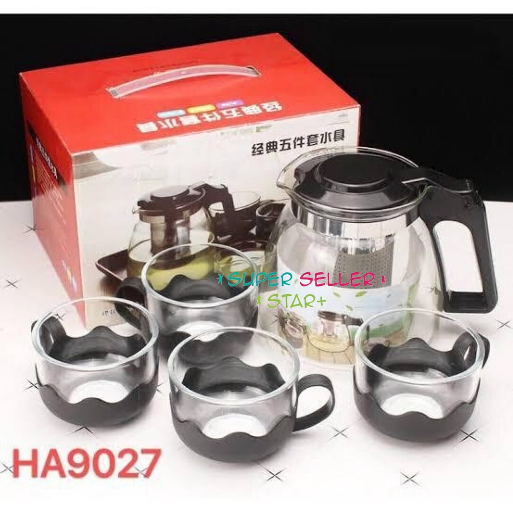 Teapot Set Kaca Dengan Saringan / Teko Saringan Tea Tempat Minum 5 in 1