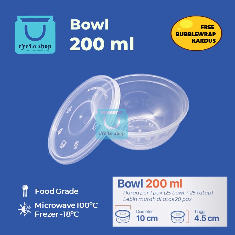THINWALL BOWL 200 ml - harga per 1 pax isi 25 bowl + 25 tutup - MANGKOK PLASTIK Mangkuk bulat cup Si